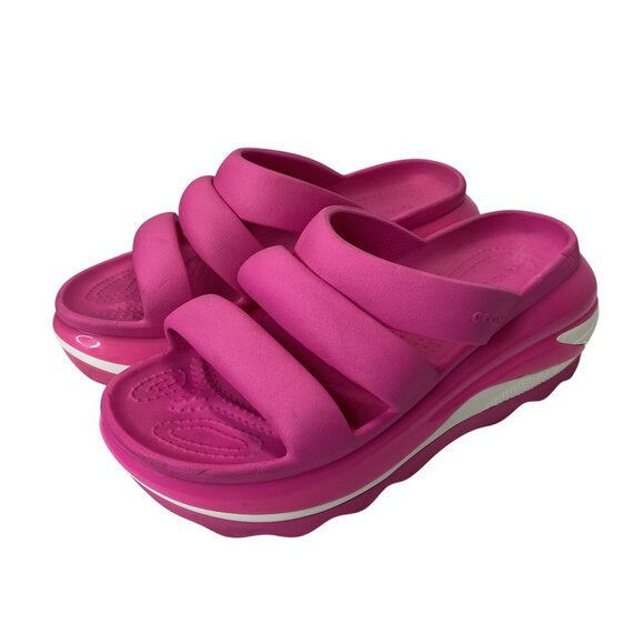 Crocs Pink Platform Slide Sandals Triple Straps Cushioned Sole Size 10 - Picture 1 of 8